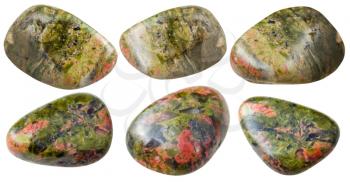 set of various unakite natural mineral stones and gemstones isolated on white background