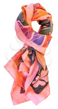 knotted hand painted batik silk pink scarf with floral pattern isolated on white background