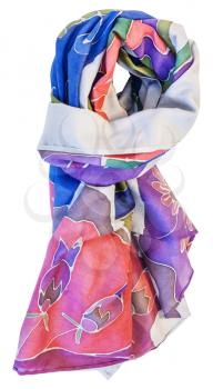 knotted hand painted batik silk blue, pink and violet scarf with floral pattern isolated on white background