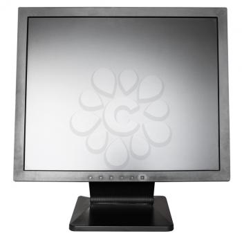 front view of old used black LCD monitor isolated on white background