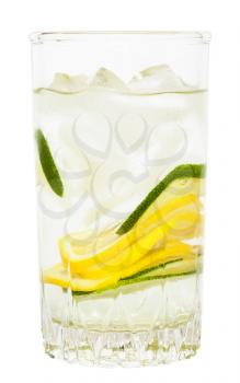 side view of glass tumbler with cold lemonade drink from lemon and lime isolated on white background