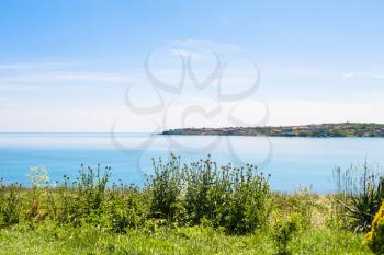 green coast and view of Tsarevo town - seaside resort on Black Sea coast in Bulgaria