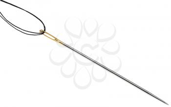 sewing needle with black thread threaded through the golden needle's eye isolated on white background