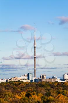 Ostankinskaya TV Tower in city in sunny autumn day, Moscow