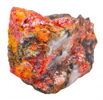 macro shooting of specimen of natural mineral - crystals of red Realgar isolated on white background