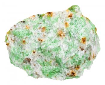 macro shooting of specimen of natural mineral - green Edenite crystals in stone isolated on white background