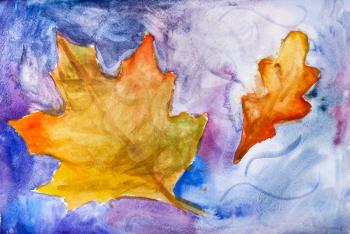 illustration painted by hand with watercolors - fallen maple and oak leaves on blue background