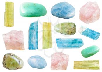 set of various beryl mineral crystals and polished gemstones (heliodor, beryl, aquamarine, vorobievite, morganite, etc) isolated on white background