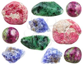 set of various zoisite (tanzanite, anyolite, saualpite, thulite, rosaline, etc) crystals, rocks and gemstones isolated on white background