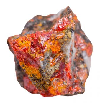 macro shooting of specimen of natural mineral - crystals of red Realgar on rock isolated on white background