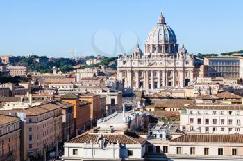 travel to Italy - view of St Peter Basilica in Vatican city and street via Conciliazione in Rome from San Angelo Castle