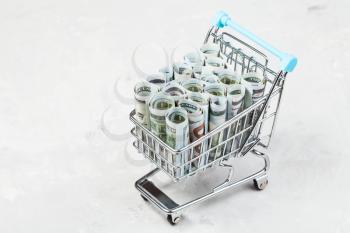 shopping cart with rolls from dollar banknotes on concrete board