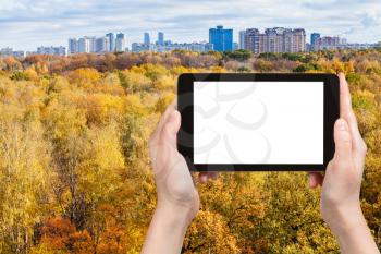 weather concept - hand holds tablet with cut out screen with yellow urban park in autumn on background