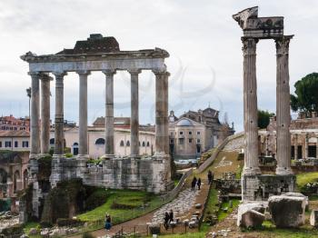 Travel to Italy - Temple of Saturn in Roman Forum in Rome city in winter