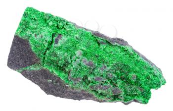 macro shooting of geological collection mineral - uvarovite crystals on rock isolated on white background