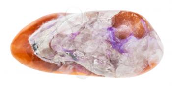 macro shooting of geological collection mineral - polished violet Charoite on brown Tinaksite stone isolated on white background