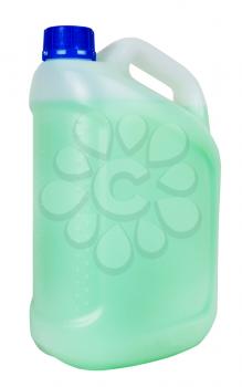 plastic jerrycan with green liquid isolated on white background