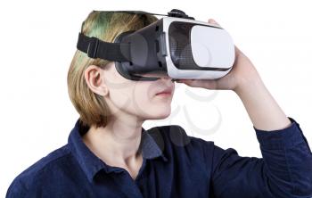 girl wears VR headset isolated on white background