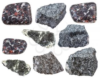 collection of various hornblende in Amphibole mineral stones isolated on white background