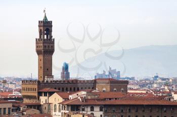 travel to Italy - above view of Palazzo Vecchio in Florence city from Piazzale Michelangelo in autumn evening