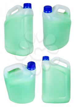 set from plastic jerrycans with green liquid isolated on white background