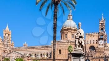 travel to Italy - statue near Palermo cathedral (Metropolitan Cathedral of the Assumption of Virgin Mary) in Sicily