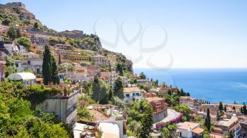 travel to Italy - Taormina city skyline from Castelmola village in Sicily in summer day