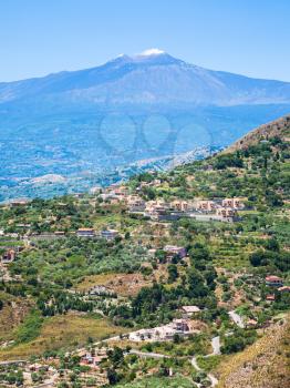 travel to Italy - view of green countryside and Etna volcano in Sicily