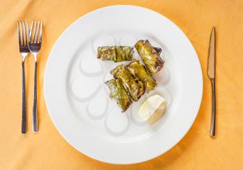 travel to Italy, italian cuisine - top view of local sicilian meatballs in lemon leaves on white plate in Sicily