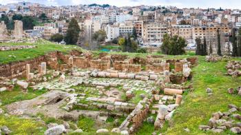 Travel to Middle East country Kingdom of Jordan - view of ruins of temple in Gerasa town and Jerash city in winter