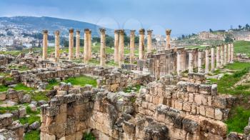Travel to Middle East country Kingdom of Jordan - view of ruins of temple in ancient Gerasa town in Jerash city in winter