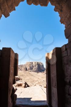 Travel to Middle East country Kingdom of Jordan - view from Urn Tomb of mountain landscape in Petra town