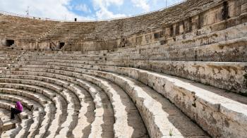 JERASH, JORDAN - FEBRUARY 18, 2012: roman Large South Theatre in in Gerasa in winter. Greco-Roman town Gerasa (Antioch on the Golden River) was founded by Alexander the Great or his general Perdiccas
