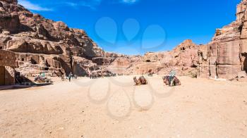 PETRA, JORDAN - FEBRUARY 21, 2012: panorama of ancient Petra town. Rock-cut town Petra was established about 312 BC as the capital city of the Arab Nabataean