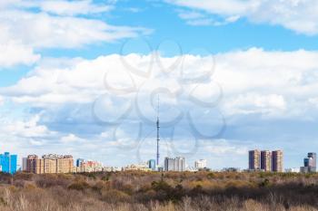 Moscow skyline with TV tower and urban park in early spring
