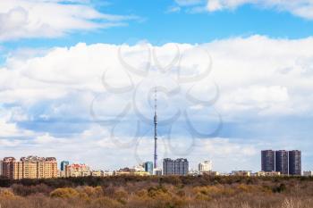 Moscow cityscape with TV tower and urban park in early spring