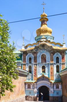 KIEV, UKRAINE - MAY 5, 2017: people near entrance in Kiev Pechersk Lavra, Gate Church of the Trinity (Pechersk Lavra). This Church was built in 1106-1108 atop the main entrance to the monastery