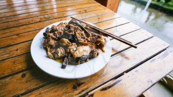 travel to China - portion of chicken with mushrooms on plate in rustic eatery in area Dazhai Longsheng Rice Terraces (Dragon's Backbone terrace, Longji Rice Terraces) country in spring