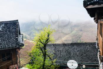 travel to China - cottages in Tiantouzhai village and terraced fields in area Dazhai Longsheng Rice Terraces (Dragon's Backbone terrace, Longji Rice Terraces) country in spring
