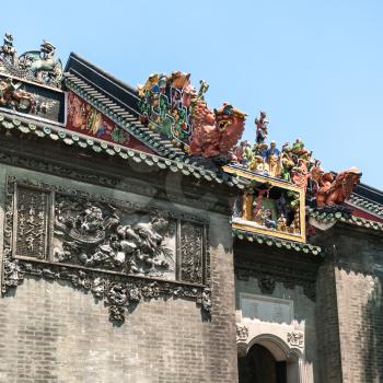 GUANGZHOU, CHINA - APRIL 1, 2017: wall decor of Chen Clan Ancestral Hall academic temple (Guangdong Folk Art Museum) in Guangzhou city. The house was prepared for the imperial examinations in 1894