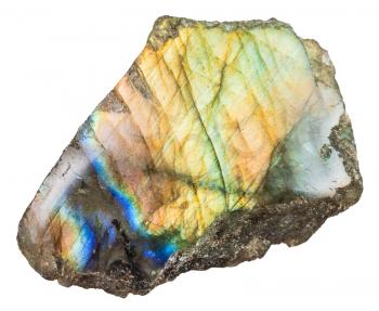 macro shooting of natural mineral rock - piece of polished labrador (labradorite) gemstone isolated on white background from Madagascar