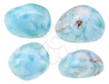 set of natural tumbled Larimar gem stone (blue pectolite) isolated on white background from Dominican Republic