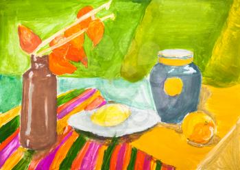hand painted training color still-life with ceramic jugs and fruits on table drawn by watercolors on paper