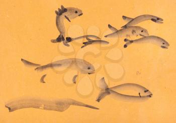 training drawing in suibokuga style with watercolor paints - sketches of fishes on orange colored paper