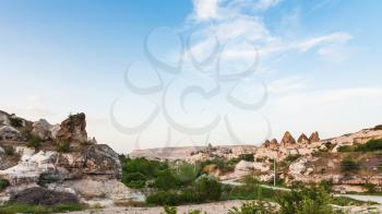 Travel to Turkey - path to Goreme town from mountain valley in Cappadocia in spring