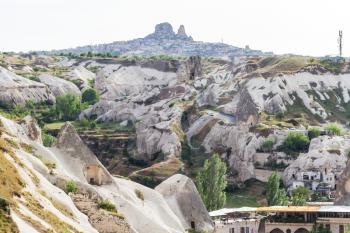 Travel to Turkey - Goreme town and view of Uchisar castle in Cappadocia in spring
