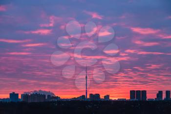 blue sky with pink clouds over Moscow city at spring sunrise