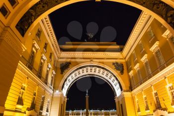 bottom view of Triumphal Arch near Palace Square in Saint Petersburg city in night