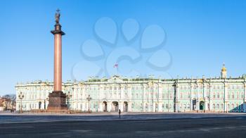 panoramic view of Palace Square with Alexander Column and Winter Palace in Saint Petersburg city in March morning