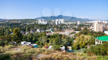 travel to Crimea - panorama of Alushta city from Castle Hill in sunny morning